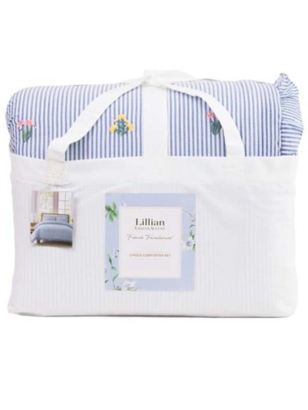 Lillian August Floral Embroidered Blue Seersucker Comforter Set